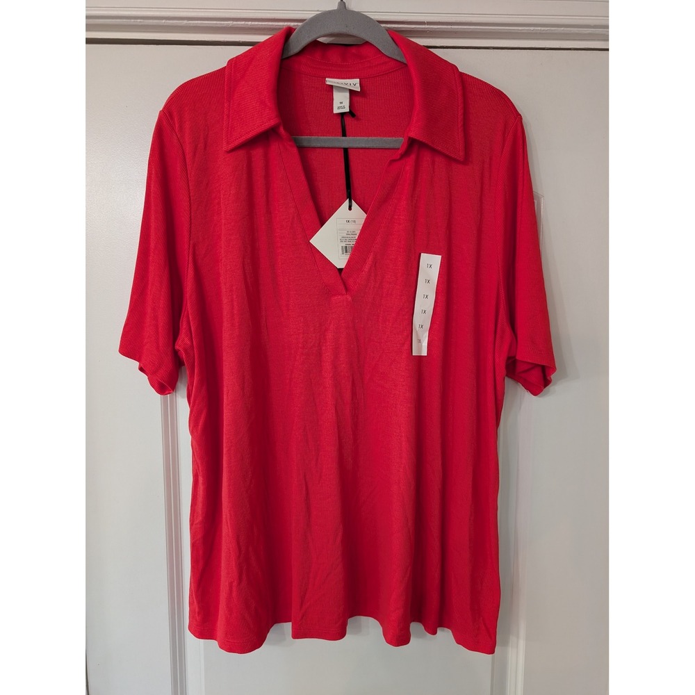 Ava & Viv Womens Plus 1X Coral Red Ribbed Short Sleeve Polo Shirt V-Neck NWTs